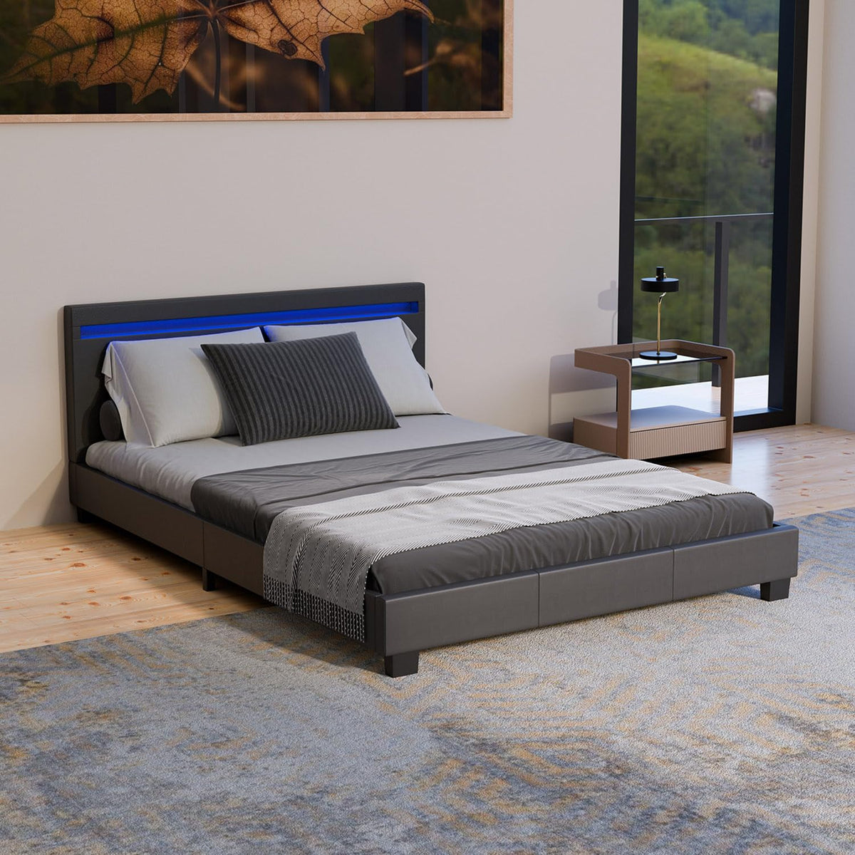 Juskys Polsterbett Paris mit LED-Beleuchtung, Holzgestell & Lattenrost, modernes Schlafzimmerbett