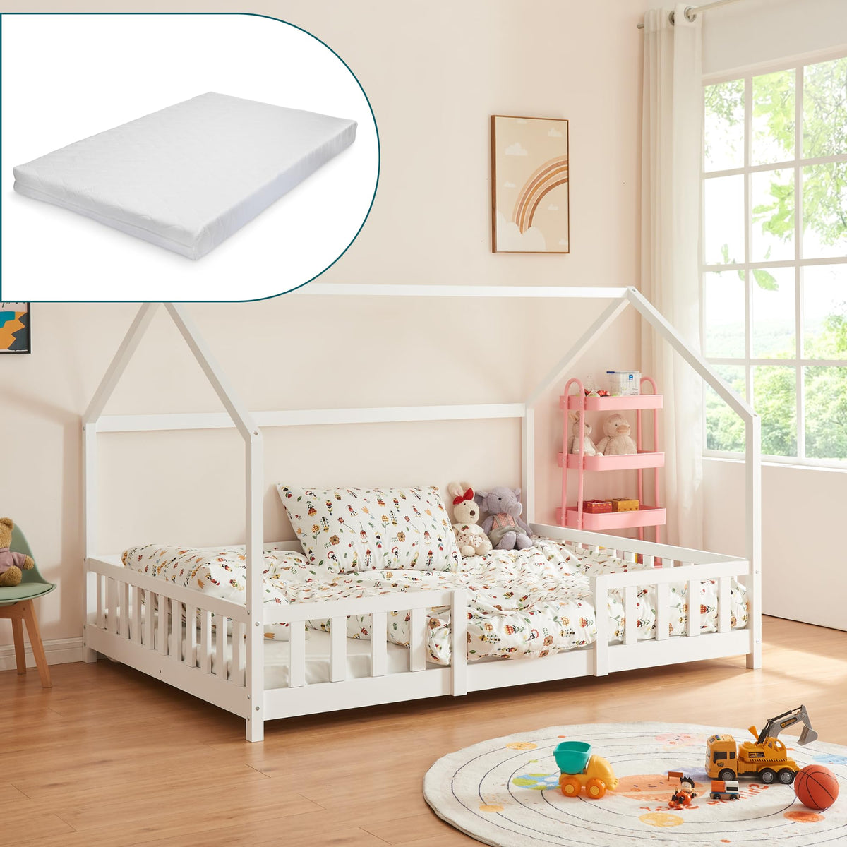 [en.casa] Kinderbett Montessori Hausbett Kiefernholz mit Rausfallschutz und Lattenrost für Kinder Bodenbett Weiß