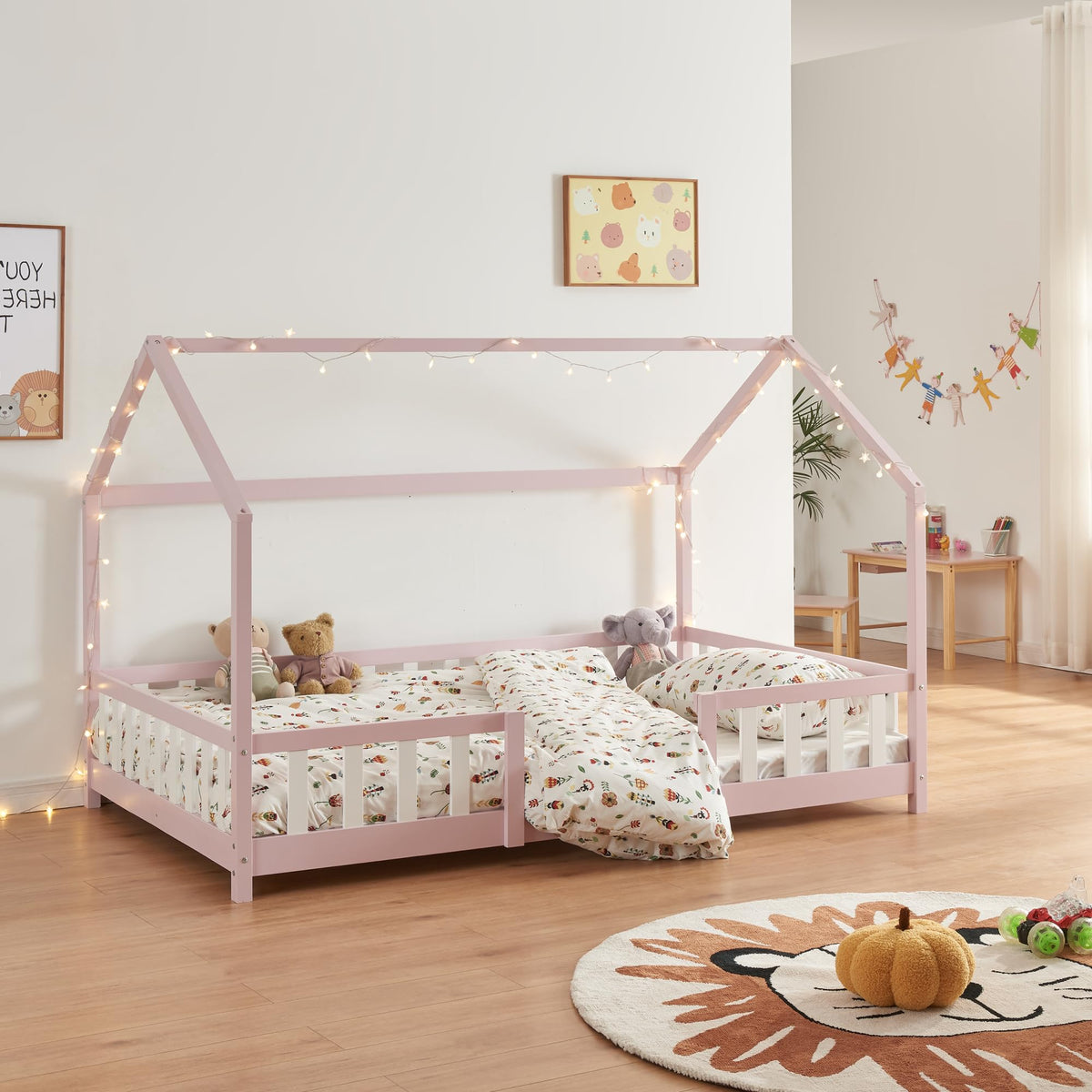 [en.casa] Kinderbett Montessori Hausbett Kiefernholz mit Rausfallschutz und Lattenrost für Kinder Bodenbett Weiß