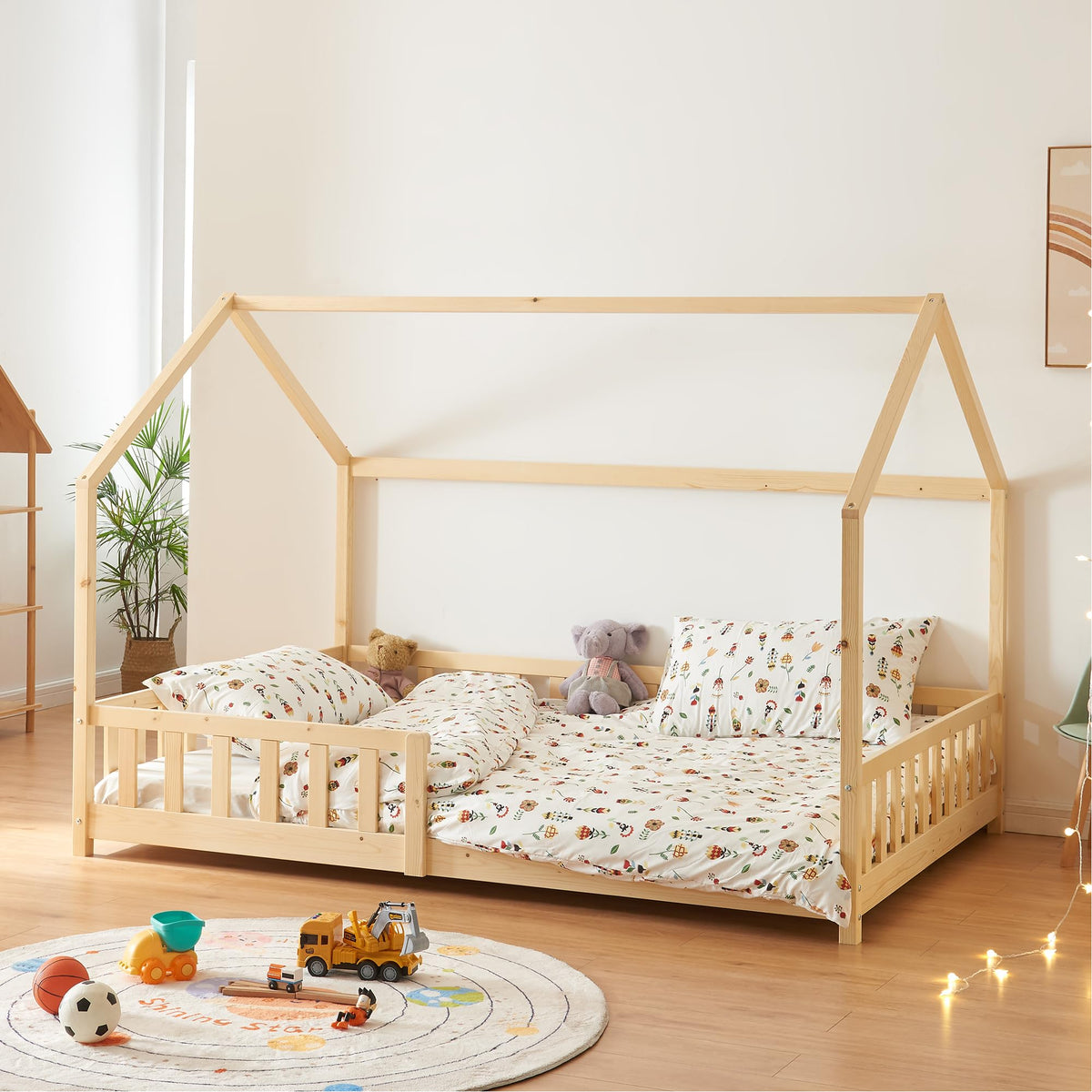 [en.casa] Montessori Kinderbett Hausbett aus Holz mit Rausfallschutz & Lattenrost – Bodenbett für Kinder
