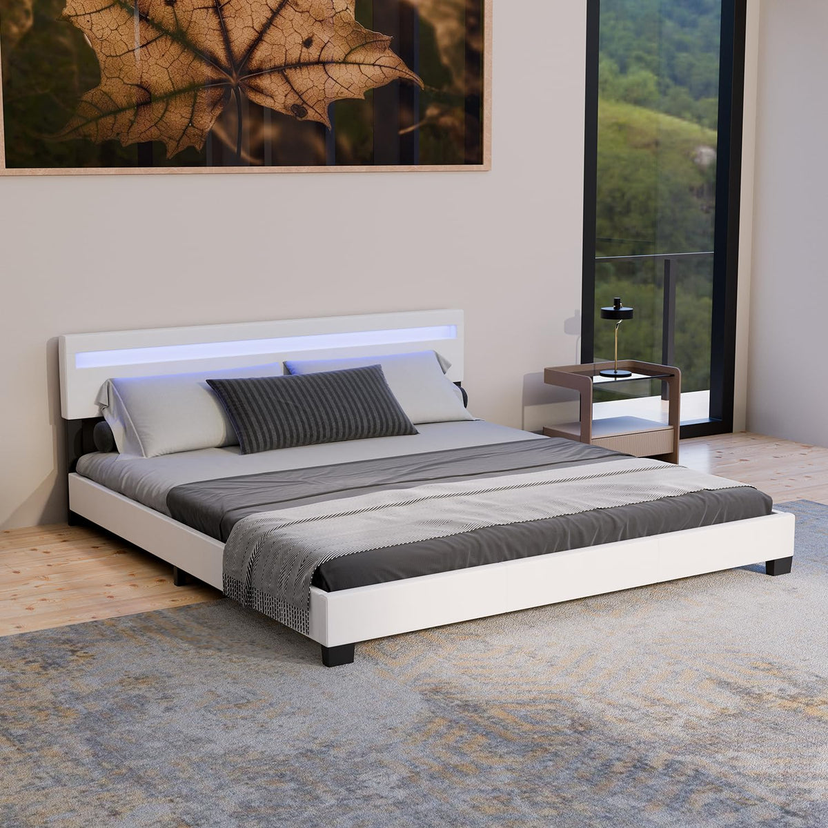 Juskys Polsterbett Paris mit LED-Beleuchtung, Holzgestell & Lattenrost, modernes Schlafzimmerbett