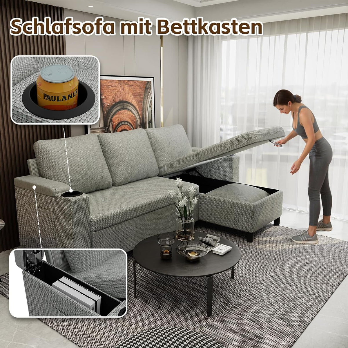 Devoko Ecksofa L-Form Hellgrau – Schlafsofa ausziehbar mit Stauraum & Bettkasten