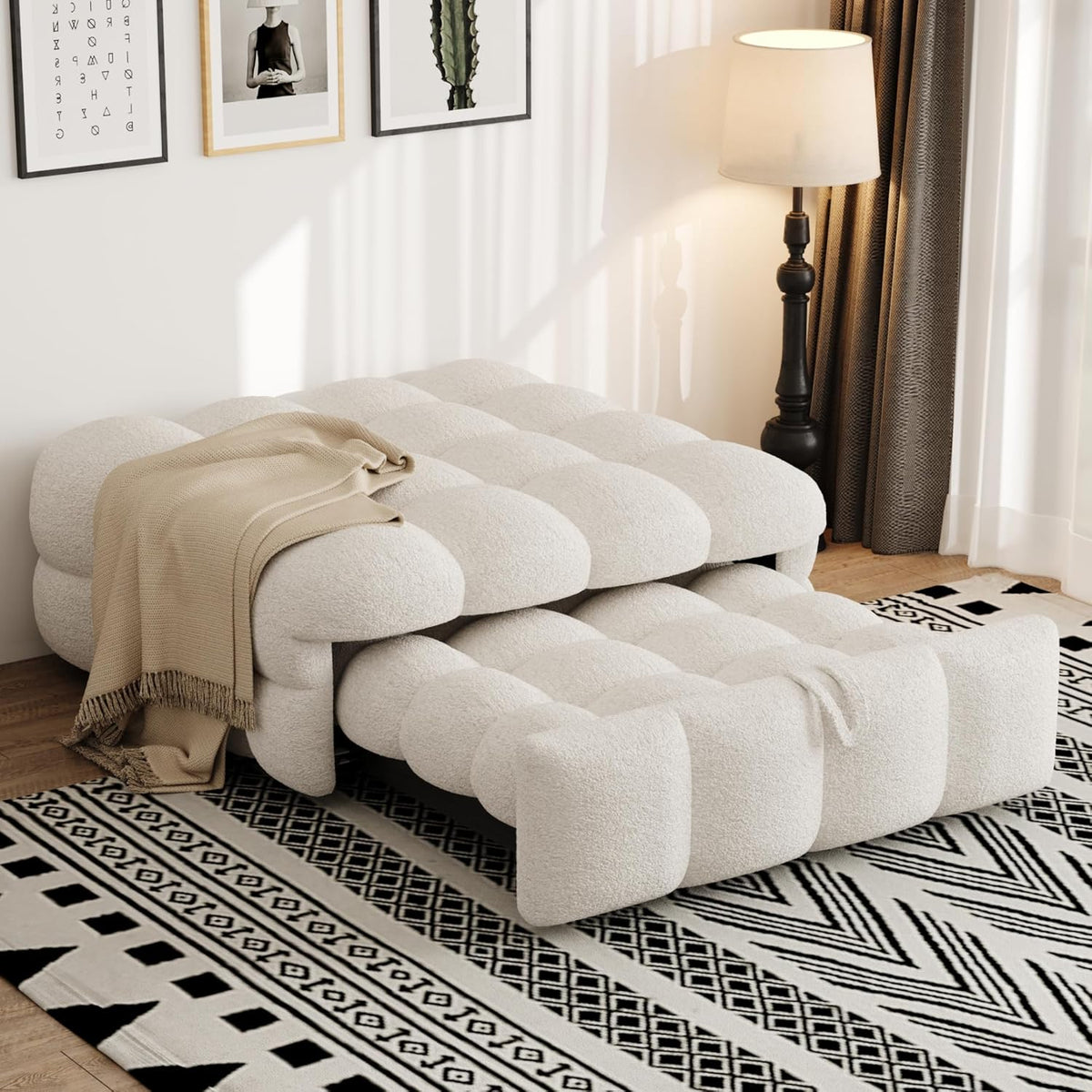 MOBETTRES Polsterbett 2-in-1 Beige – Ausziehbares Schlafsofa & Fußhocker, Teddy-Samtstoff, Einzelbett