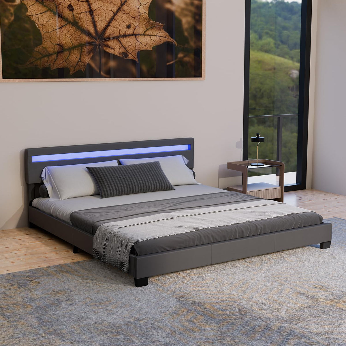 Juskys Polsterbett Paris mit LED-Beleuchtung, Holzgestell & Lattenrost, modernes Schlafzimmerbett