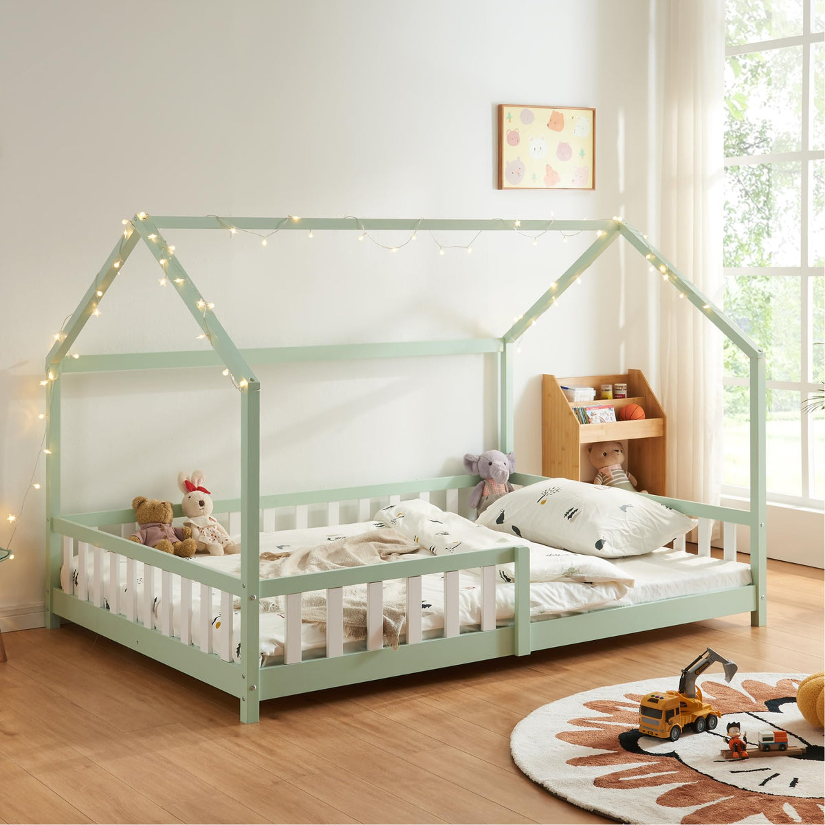 [en.casa] Montessori Kinderbett Hausbett aus Holz mit Rausfallschutz & Lattenrost – Bodenbett für Kinder