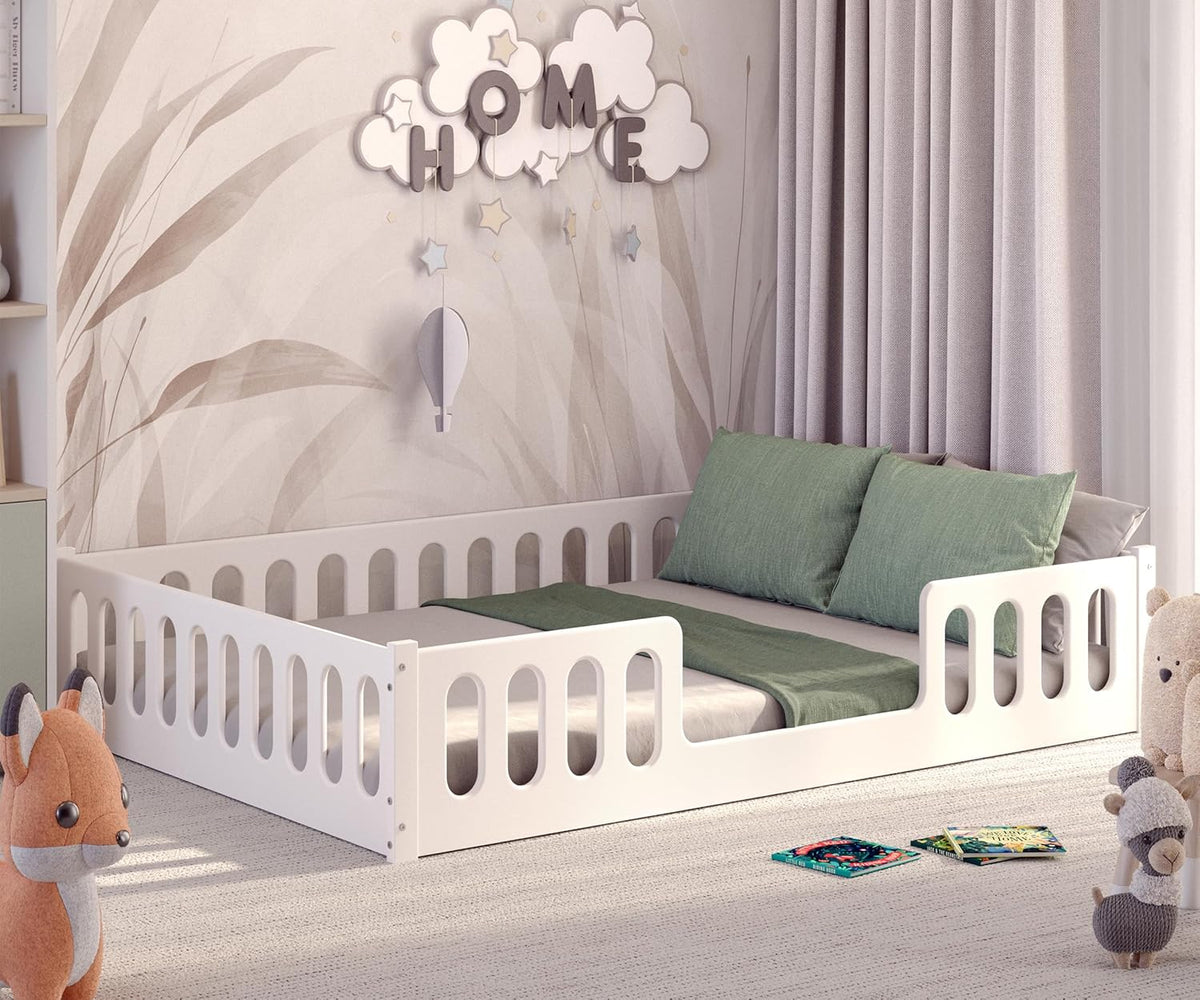 CADANI Monte Montessori Bodenbett Kinderbett mit Rausfallschutz, umbaubar, Massivholz, Rollrost, weiß