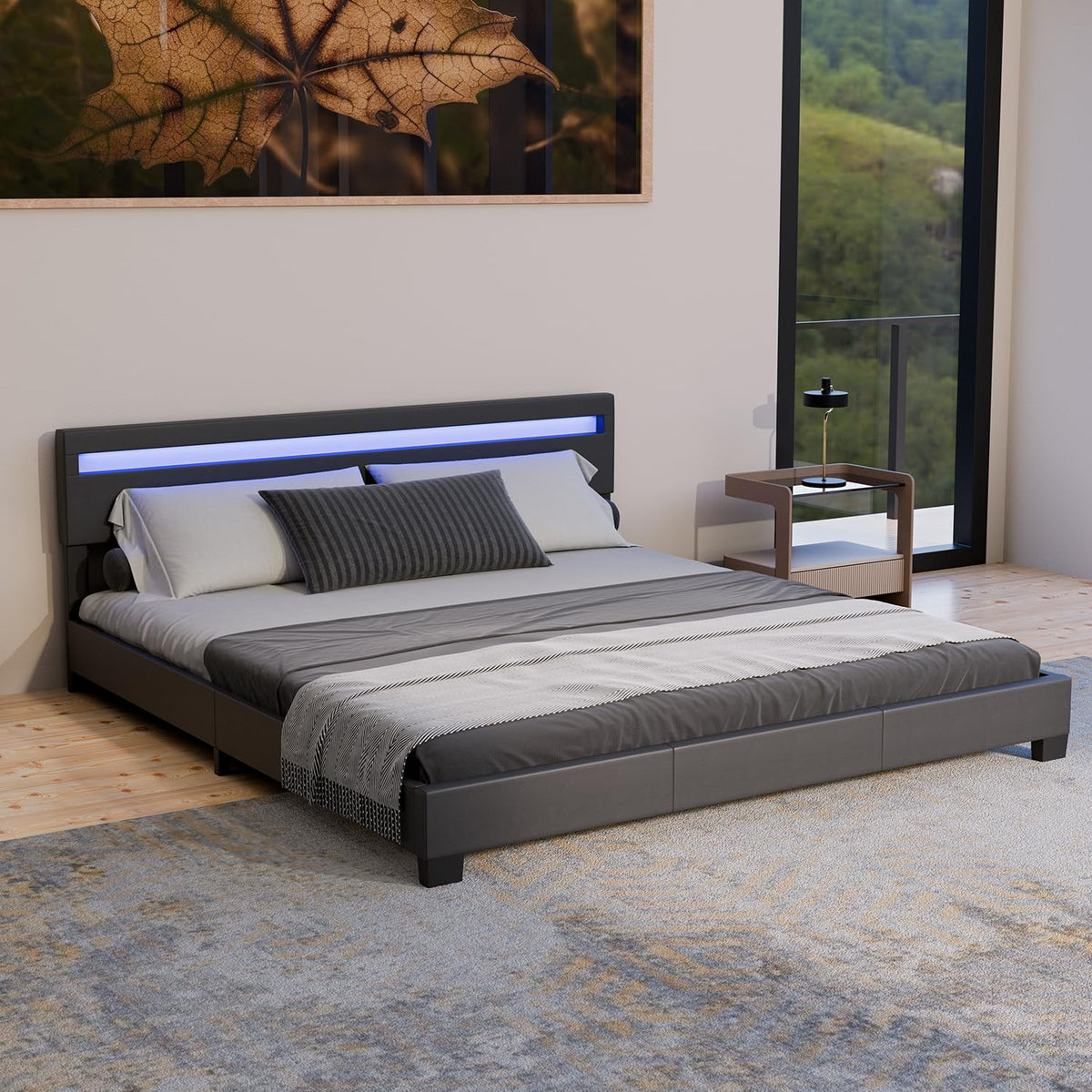 Juskys Polsterbett Paris mit LED-Beleuchtung, Holzgestell & Lattenrost, modernes Schlafzimmerbett