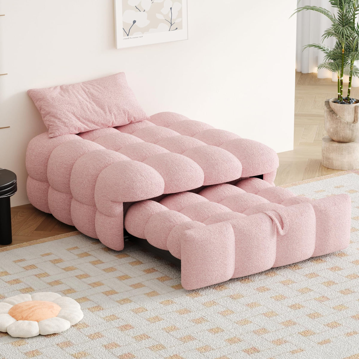 MOBETTRES Polsterbett 2-in-1 Beige – Ausziehbares Schlafsofa & Fußhocker, Teddy-Samtstoff, Einzelbett