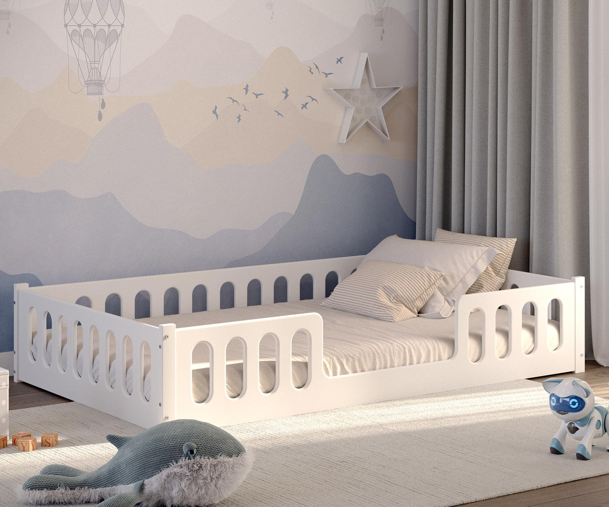 CADANI Monte Montessori Bodenbett Kinderbett mit Rausfallschutz, umbaubar, Massivholz, Rollrost, weiß