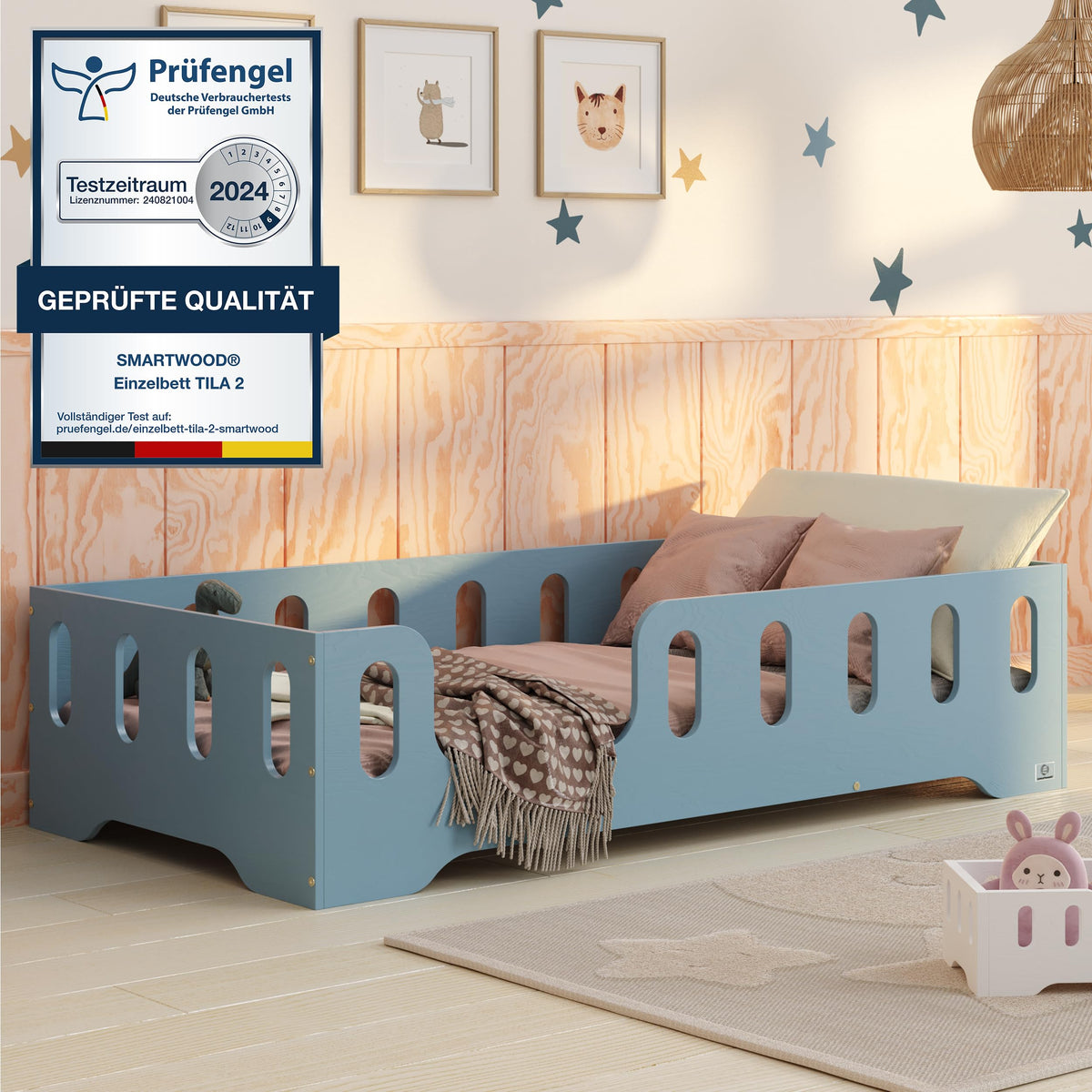 smartwood Bodenbett 70x140 Montessori Kinderbett aus Holz mit FSC-Zertifikat TILA 2L mit Rausfallschutz & Lattenrost bis 230kg belastbar - Einfache Montage