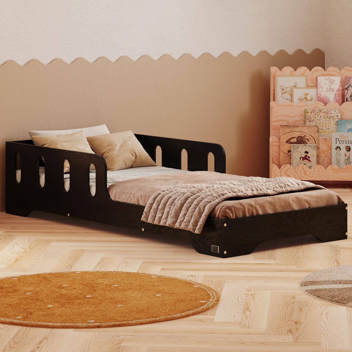 smartwood Montessori Holzbett mit Rausfallschutz & Lattenrost – Bodenbett für Kinder – FSC