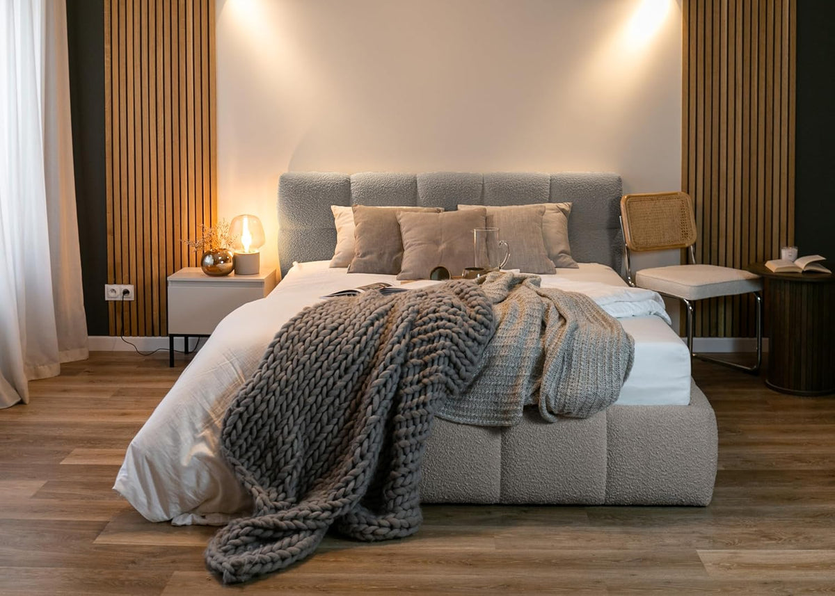 Selsey Polsterbett mit Holzrahmen | Modernes Doppelbett | Bouclé Stoff, Stabil & Langlebig
