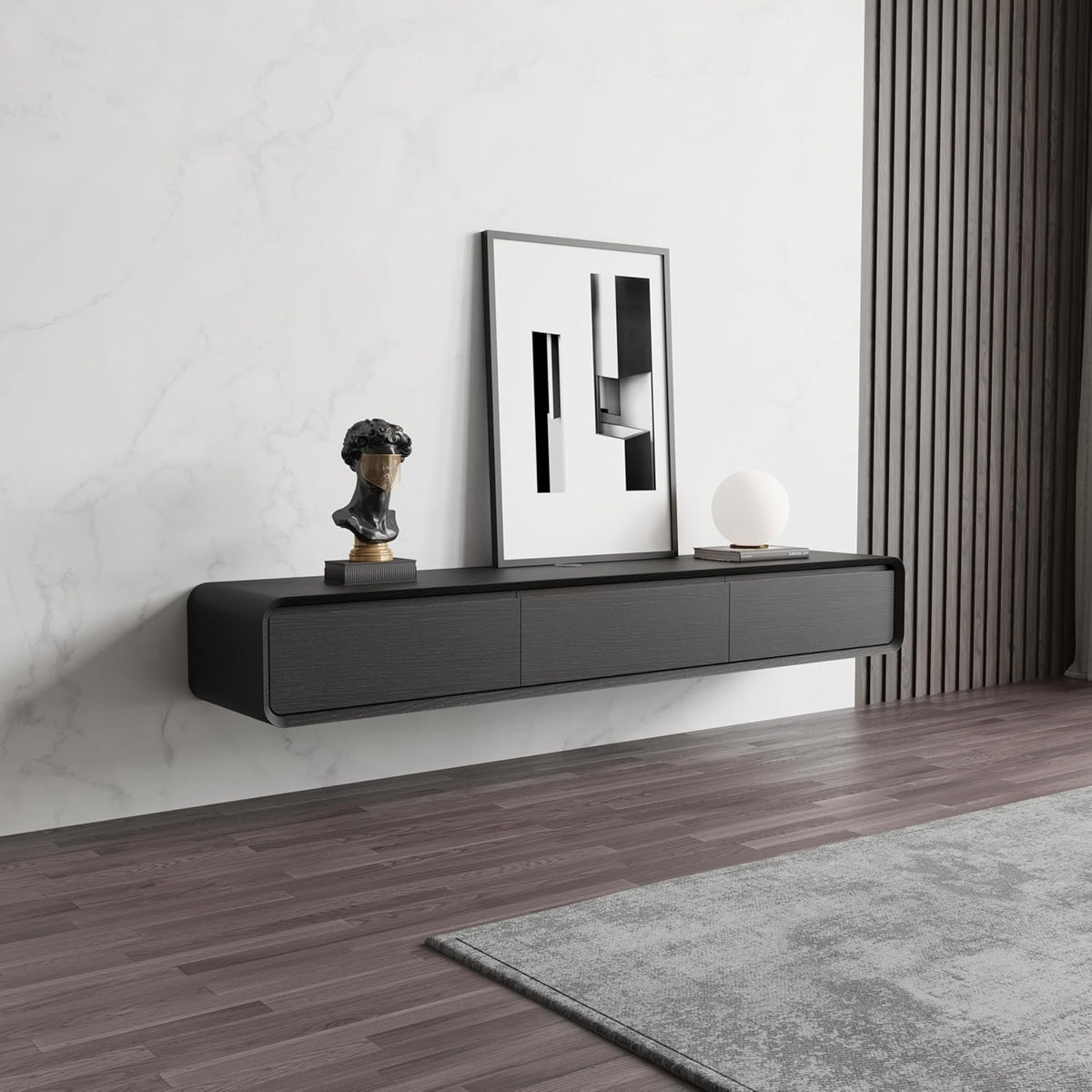 POVISON Floating TV Stand Solid Wood – Modern Wall Mounted Media Console with Storage & Cable Management