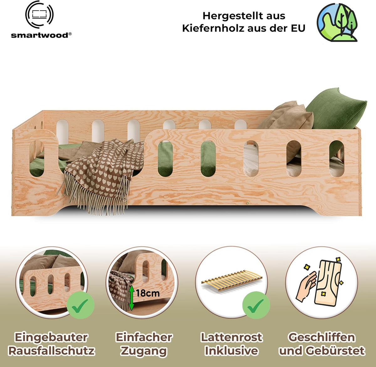 smartwood Bodenbett 70x140 Montessori Kinderbett aus Holz mit FSC-Zertifikat TILA 2L mit Rausfallschutz & Lattenrost bis 230kg belastbar - Einfache Montage