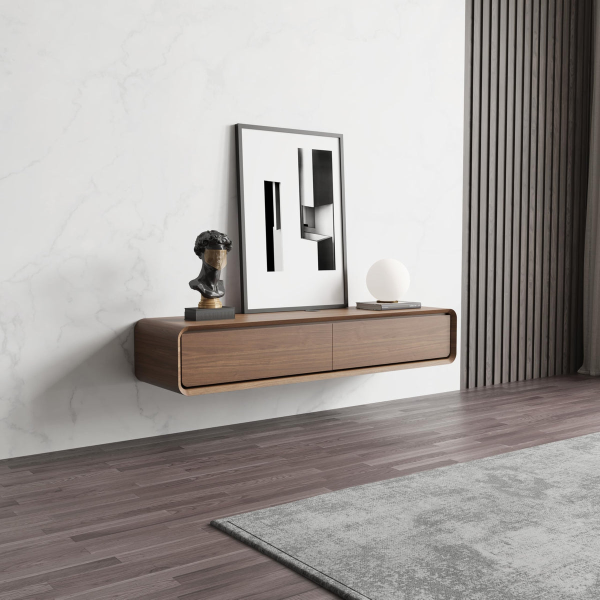 POVISON Floating TV Stand Solid Wood – Modern Wall Mounted Media Console with Storage & Cable Management