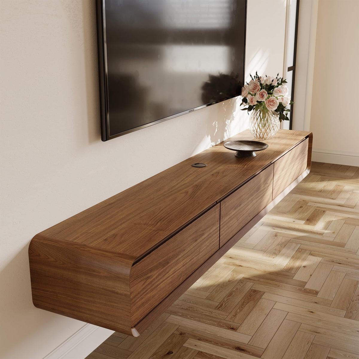 POVISON Floating TV Stand Solid Wood – Modern Wall Mounted Media Console with Storage & Cable Management
