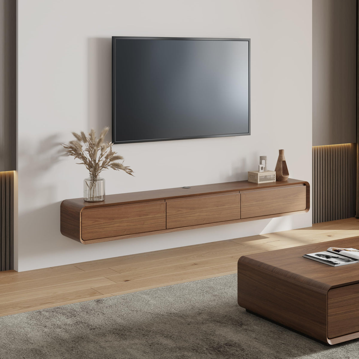 POVISON Floating TV Stand Solid Wood – Modern Wall Mounted Media Console with Storage & Cable Management