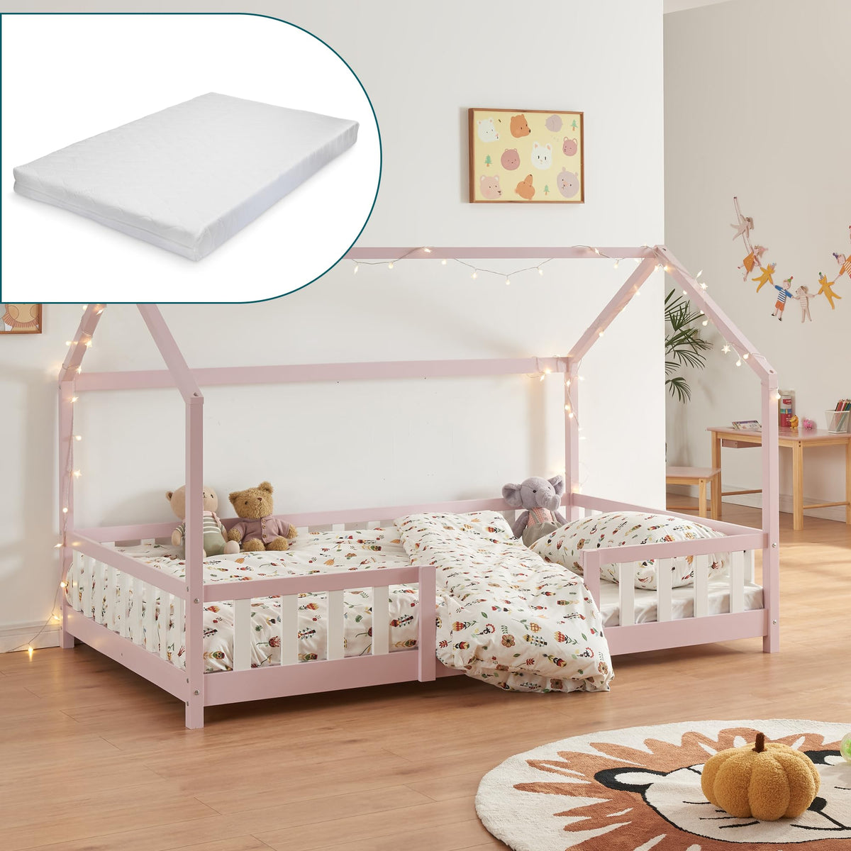 [en.casa] Kinderbett Montessori Hausbett Kiefernholz mit Rausfallschutz und Lattenrost für Kinder Bodenbett Weiß