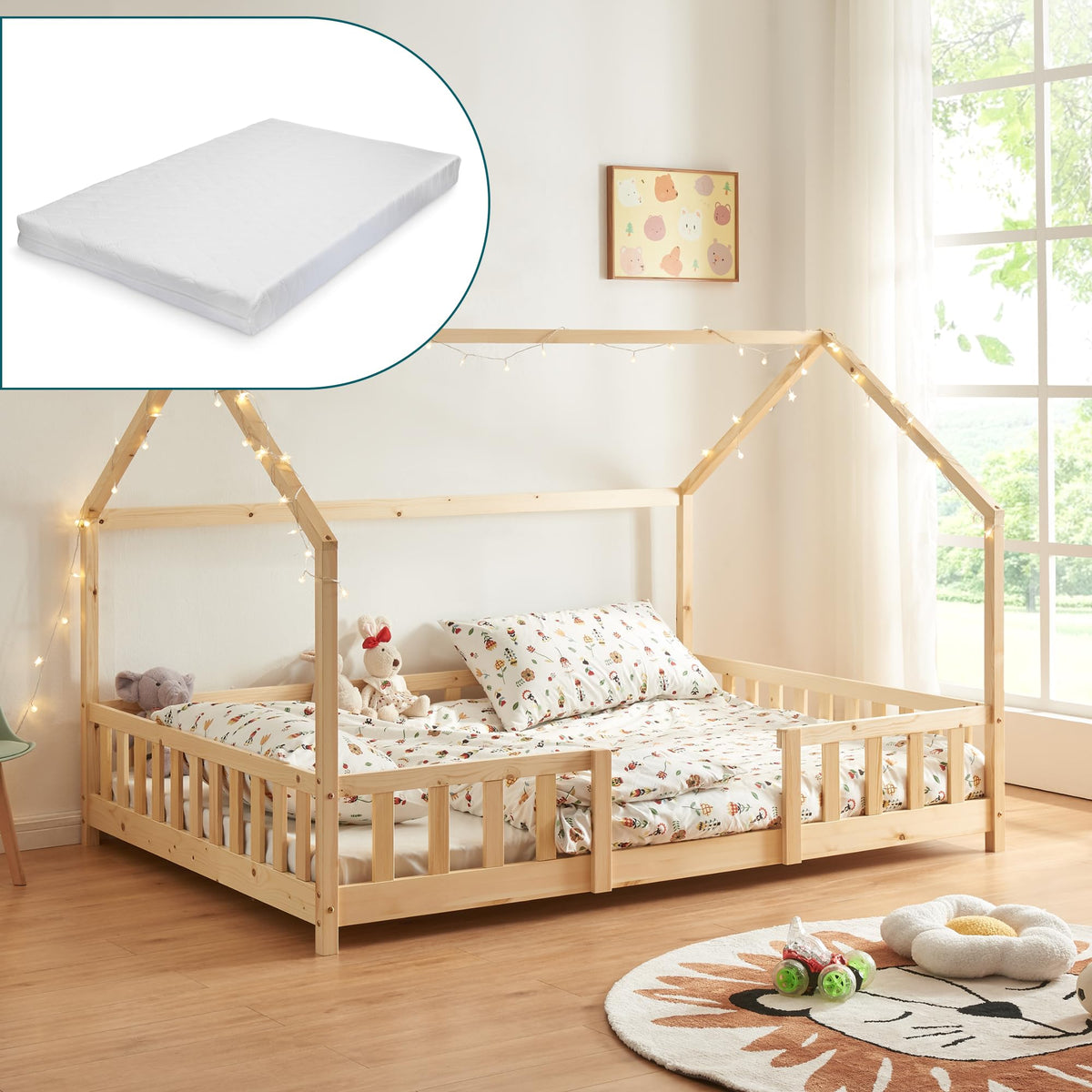[en.casa] Kinderbett Montessori Hausbett Kiefernholz mit Rausfallschutz und Lattenrost für Kinder Bodenbett Weiß