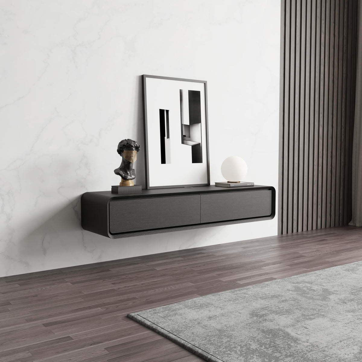 POVISON Floating TV Stand Solid Wood – Modern Wall Mounted Media Console with Storage & Cable Management