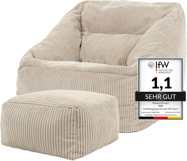 Icon Natalia Sitzsack Sessel mit Hocker Beige – Flauschiger Cord, Sitzsack-Stuhl für Wohnzimmer & Büro