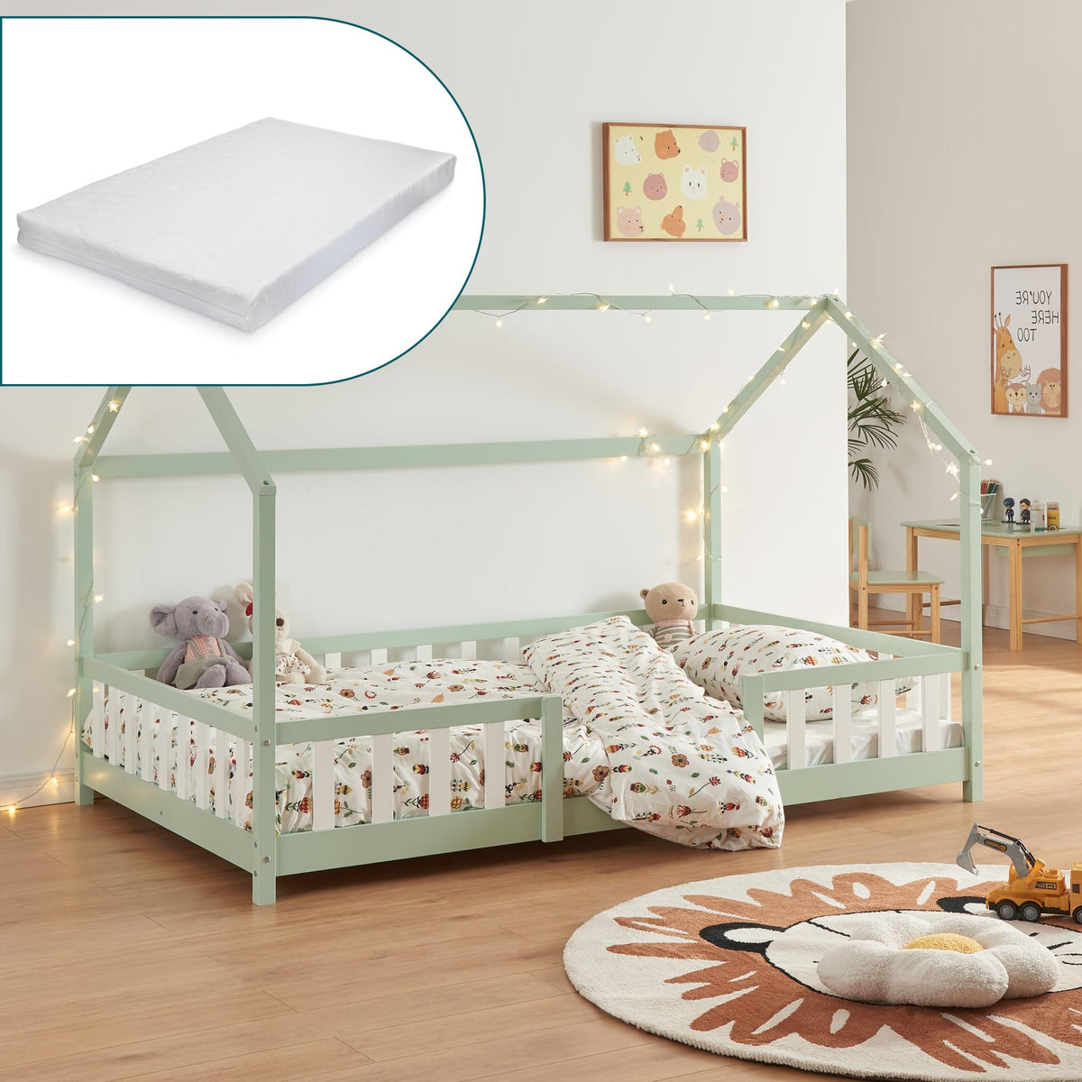 [en.casa] Kinderbett Montessori Hausbett Kiefernholz mit Rausfallschutz und Lattenrost für Kinder Bodenbett Weiß