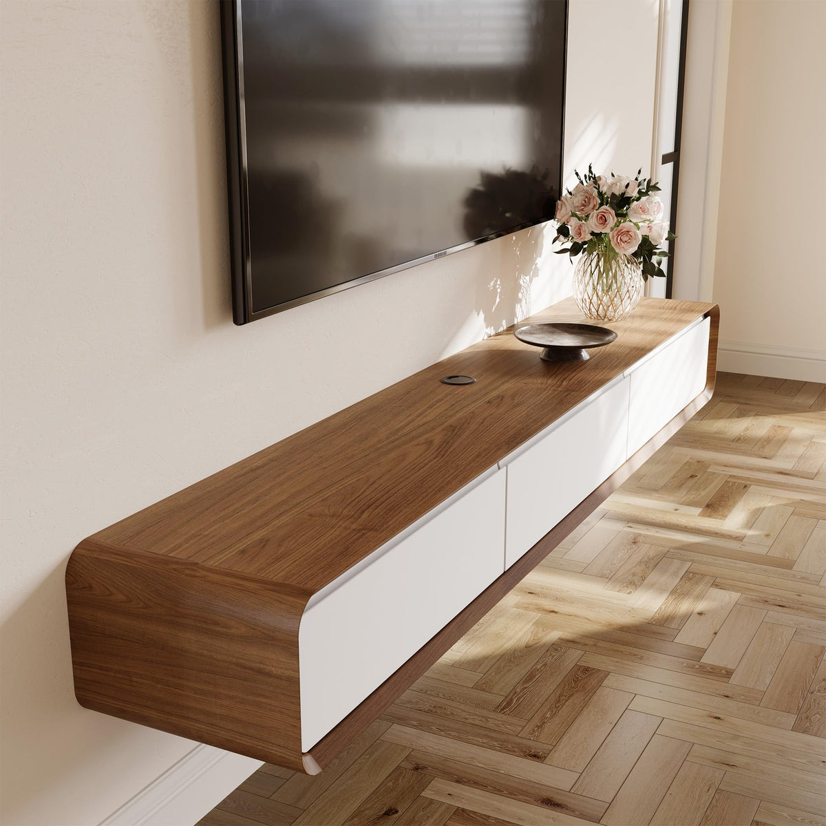POVISON Floating TV Stand Solid Wood – Modern Wall Mounted Media Console with Storage & Cable Management