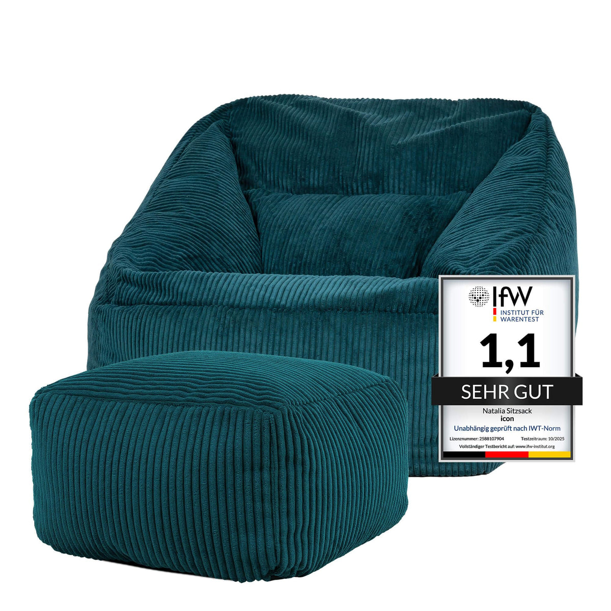 Icon Natalia Sitzsack Sessel mit Hocker Beige – Flauschiger Cord, Bean Bag Chair für Wohnzimmer & Büro