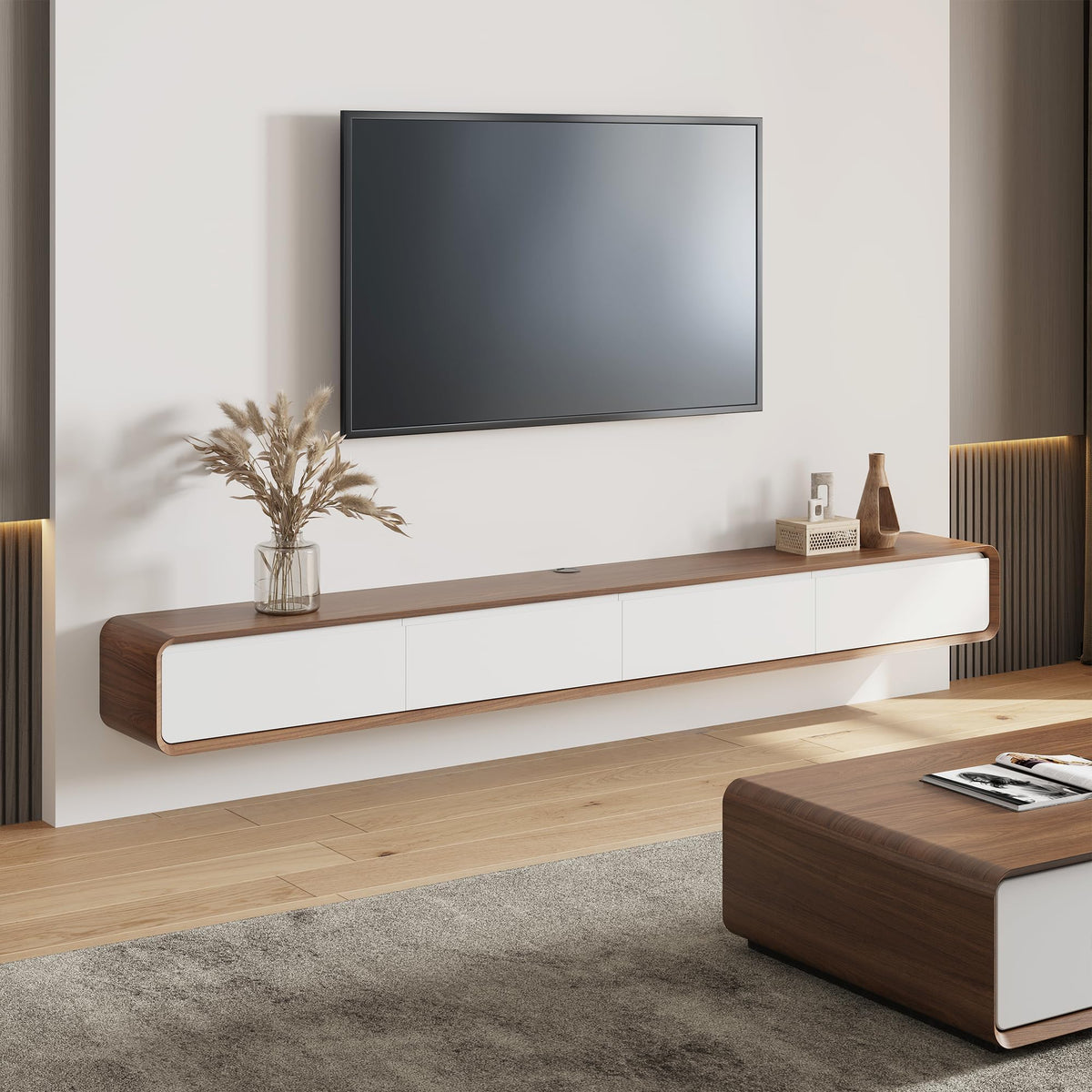 POVISON Floating TV Stand Solid Wood – Modern Wall Mounted Media Console with Storage & Cable Management