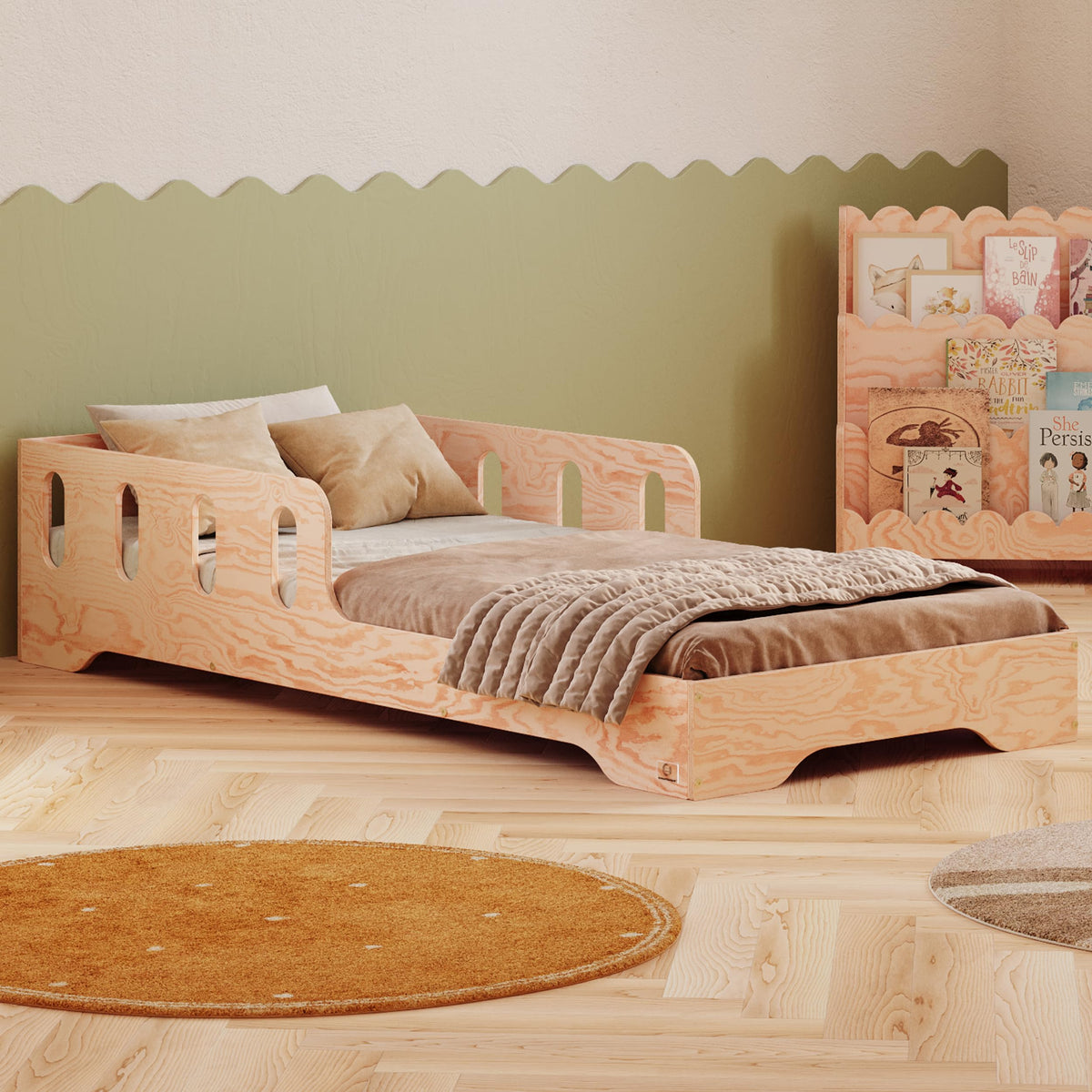 smartwood Montessori Holzbett mit Rausfallschutz & Lattenrost – Bodenbett für Kinder – FSC