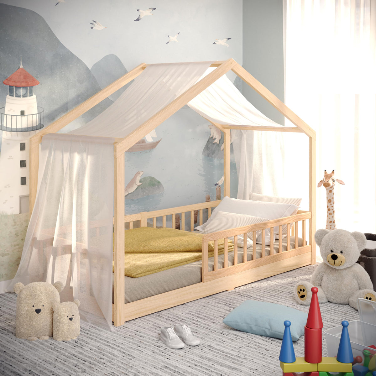 CADANI Malte Kinderbett Montessori Bodenbett Massivholz Kiefer mit Rausfallschutz und Roll-Lattenrost, Skandinavisches Hausbett für Kinder