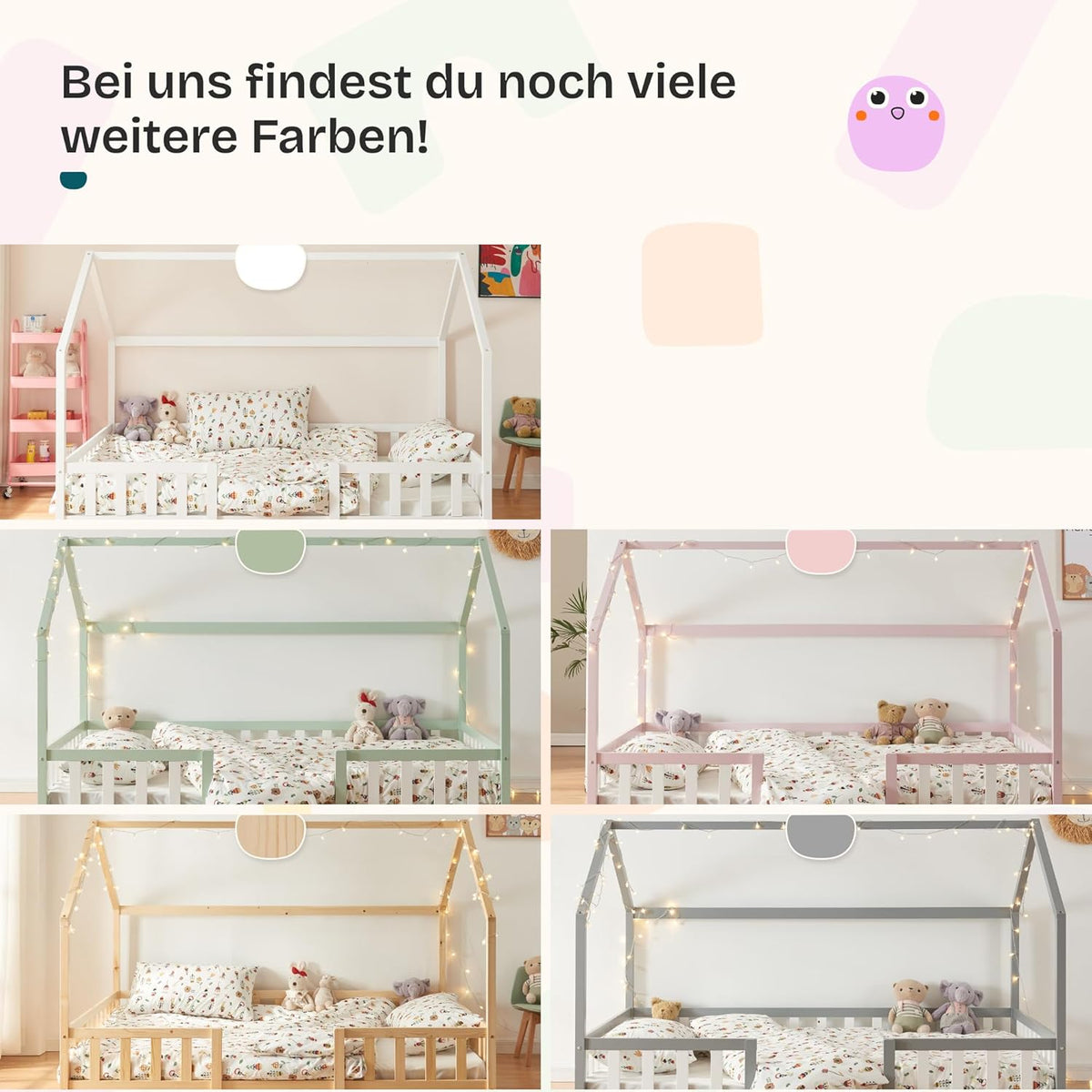 [en.casa] Kinderbett Montessori Hausbett Kiefernholz mit Rausfallschutz und Lattenrost für Kinder Bodenbett Weiß