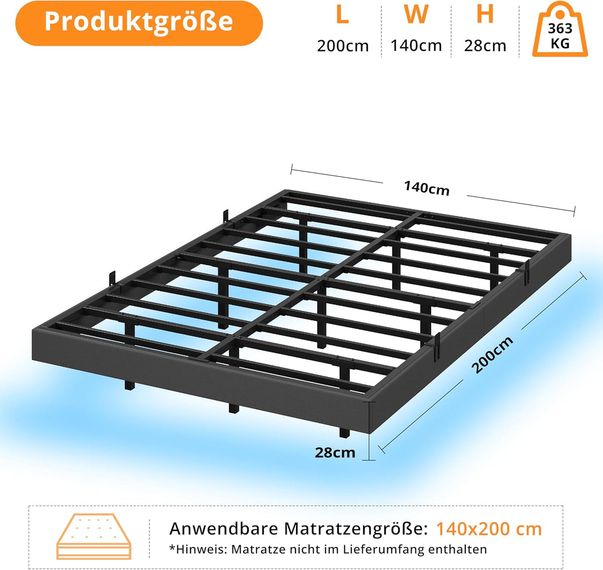 IRONCK Bettrahmen mit LED & Ladestation – Floating Bed, Metallrahmen, gepolstert