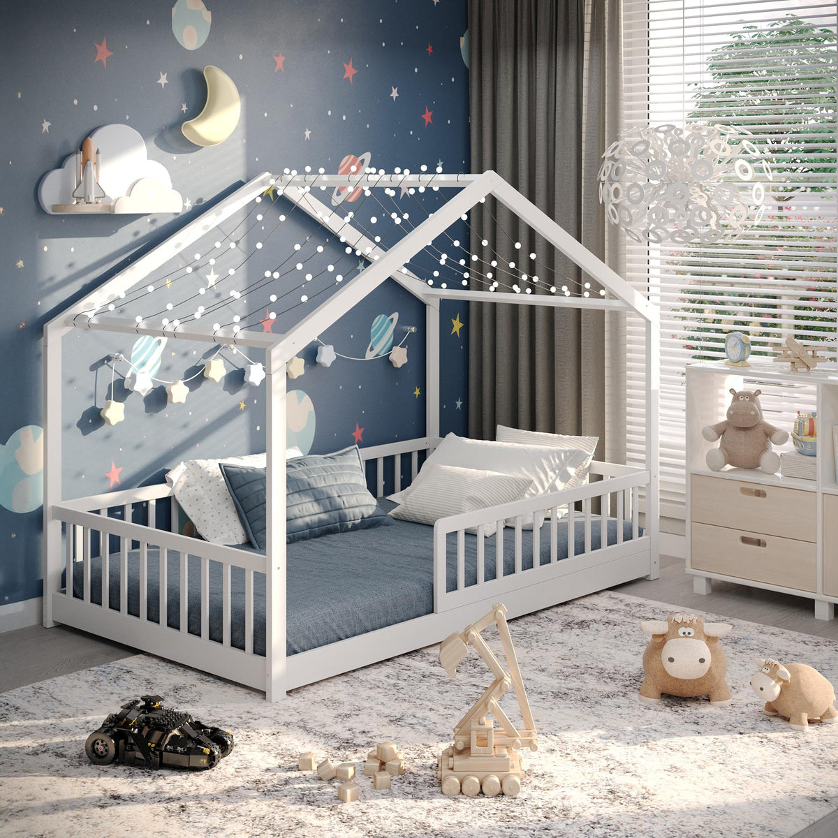 CADANI Malte Kinderbett Montessori Bodenbett Massivholz Kiefer mit Rausfallschutz und Roll-Lattenrost, Skandinavisches Hausbett für Kinder