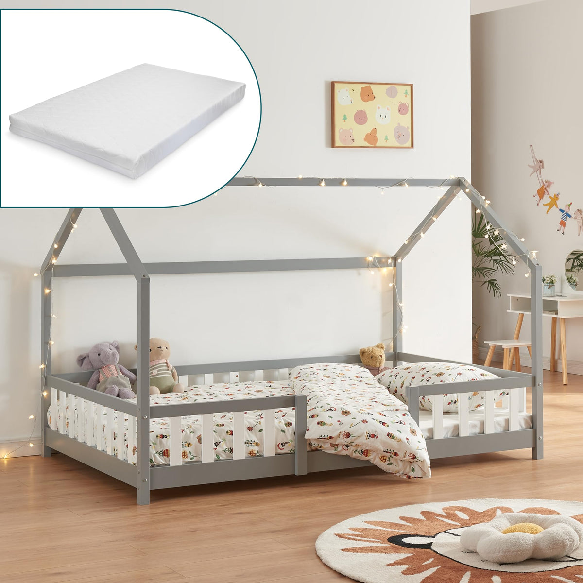 [en.casa] Kinderbett Montessori Hausbett Kiefernholz mit Rausfallschutz und Lattenrost für Kinder Bodenbett Weiß