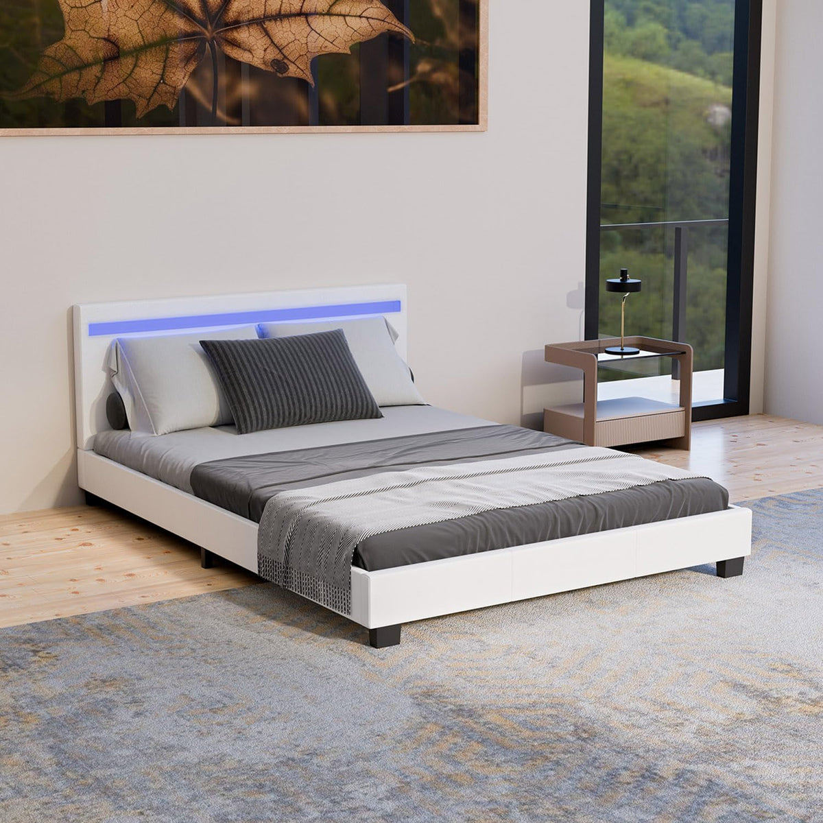 Juskys Polsterbett Paris mit LED-Beleuchtung, Holzgestell & Lattenrost, modernes Schlafzimmerbett