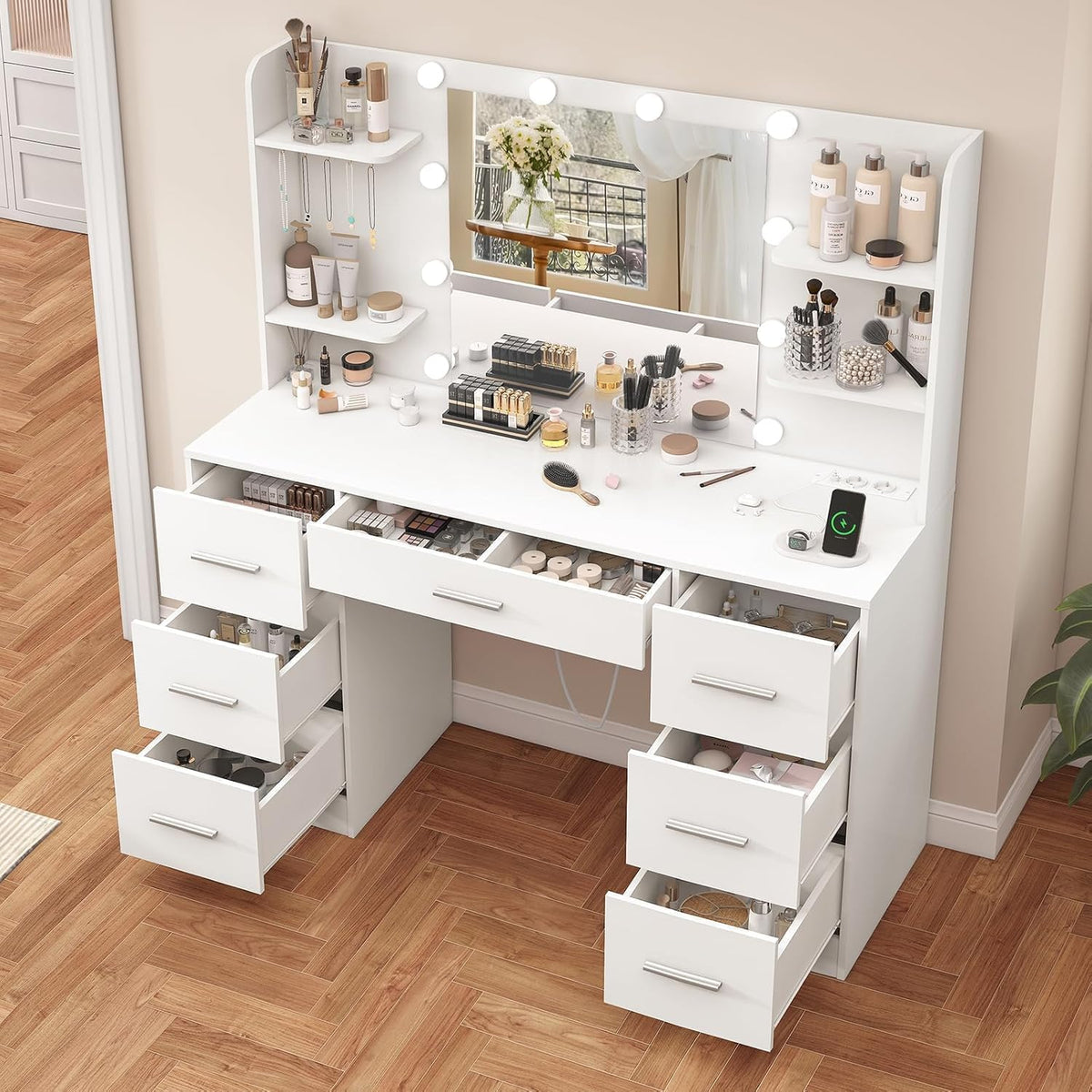 TEENFON Dressing Table with LED Mirror & Power Outlets, 7 Drawers, White