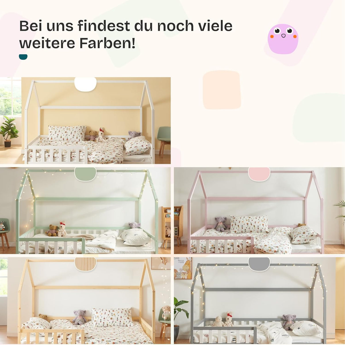 [en.casa] Montessori Kinderbett Hausbett aus Holz mit Rausfallschutz & Lattenrost – Bodenbett für Kinder
