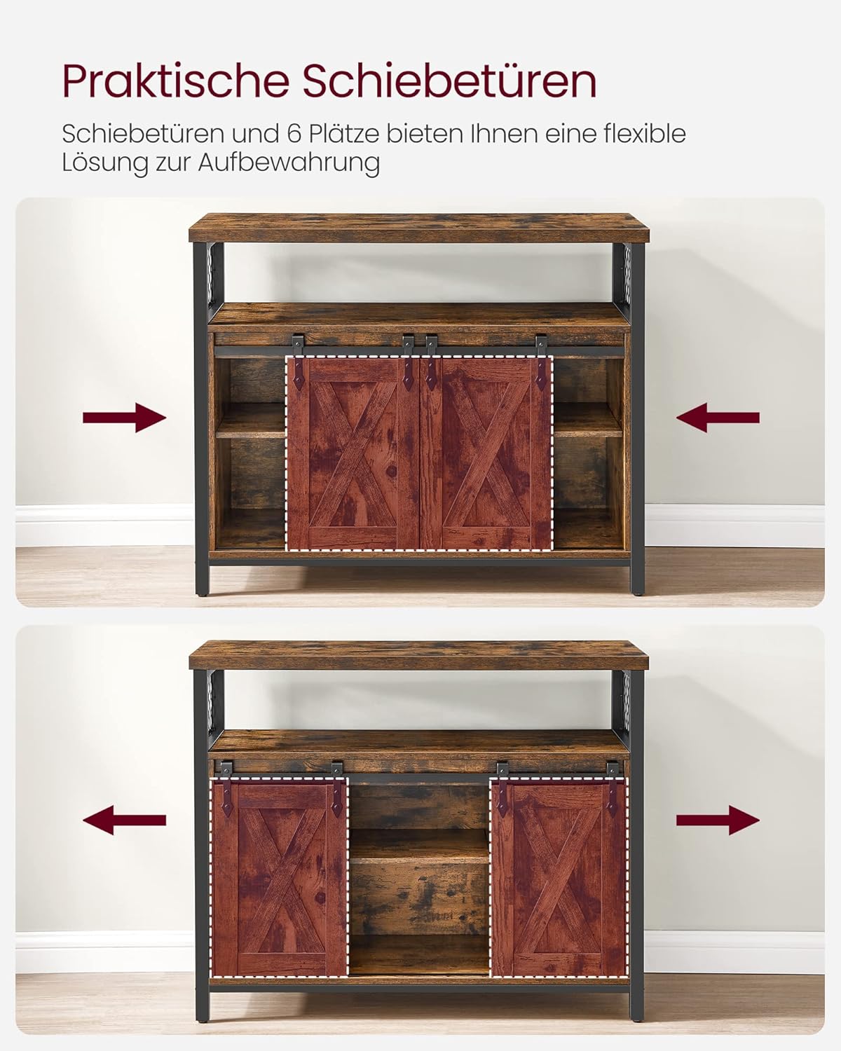 VASAGLE Sideboard mit Schiebetüren, Küchenschrank Landhausstil, Vintagebraun 100 cm