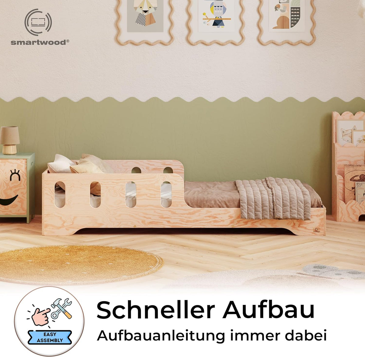 smartwood Montessori Holzbett mit Rausfallschutz & Lattenrost – Bodenbett für Kinder – FSC