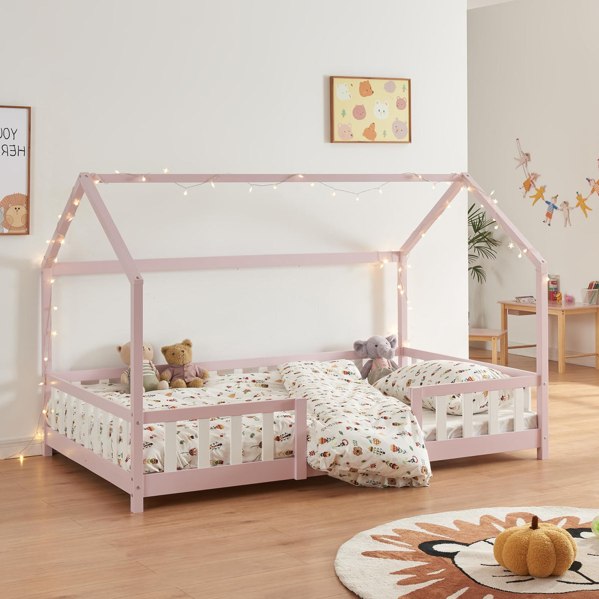 [en.casa] Kinderbett Montessori Hausbett Kiefernholz mit Rausfallschutz und Lattenrost für Kinder Bodenbett Weiß