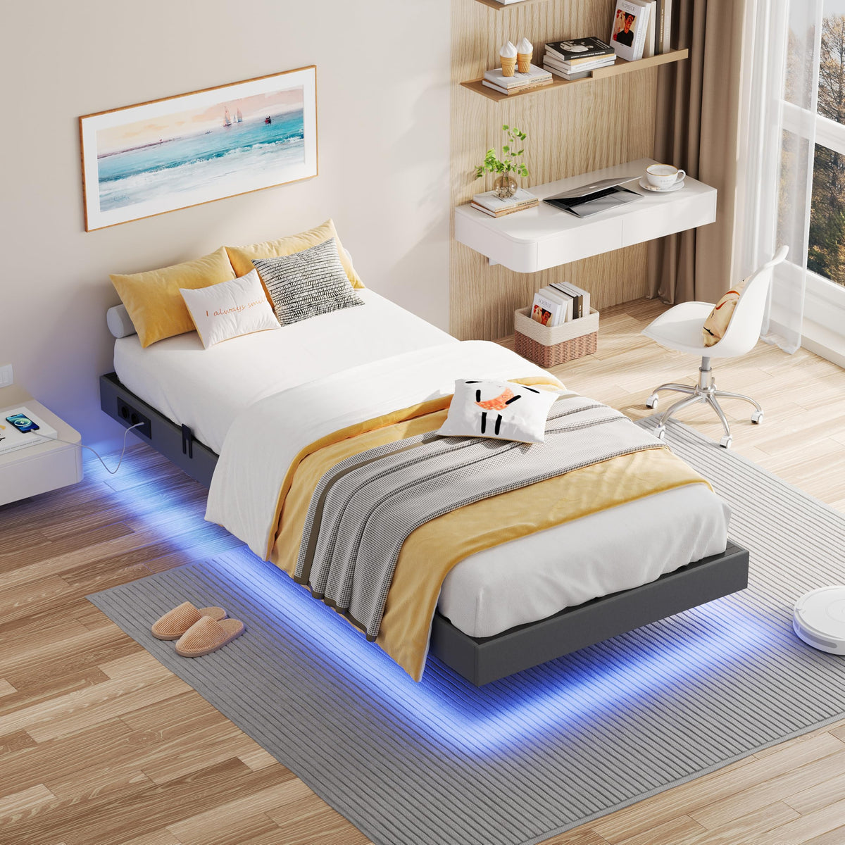 IRONCK Bettrahmen mit LED & Ladestation – Floating Bed, Metallrahmen, gepolstert