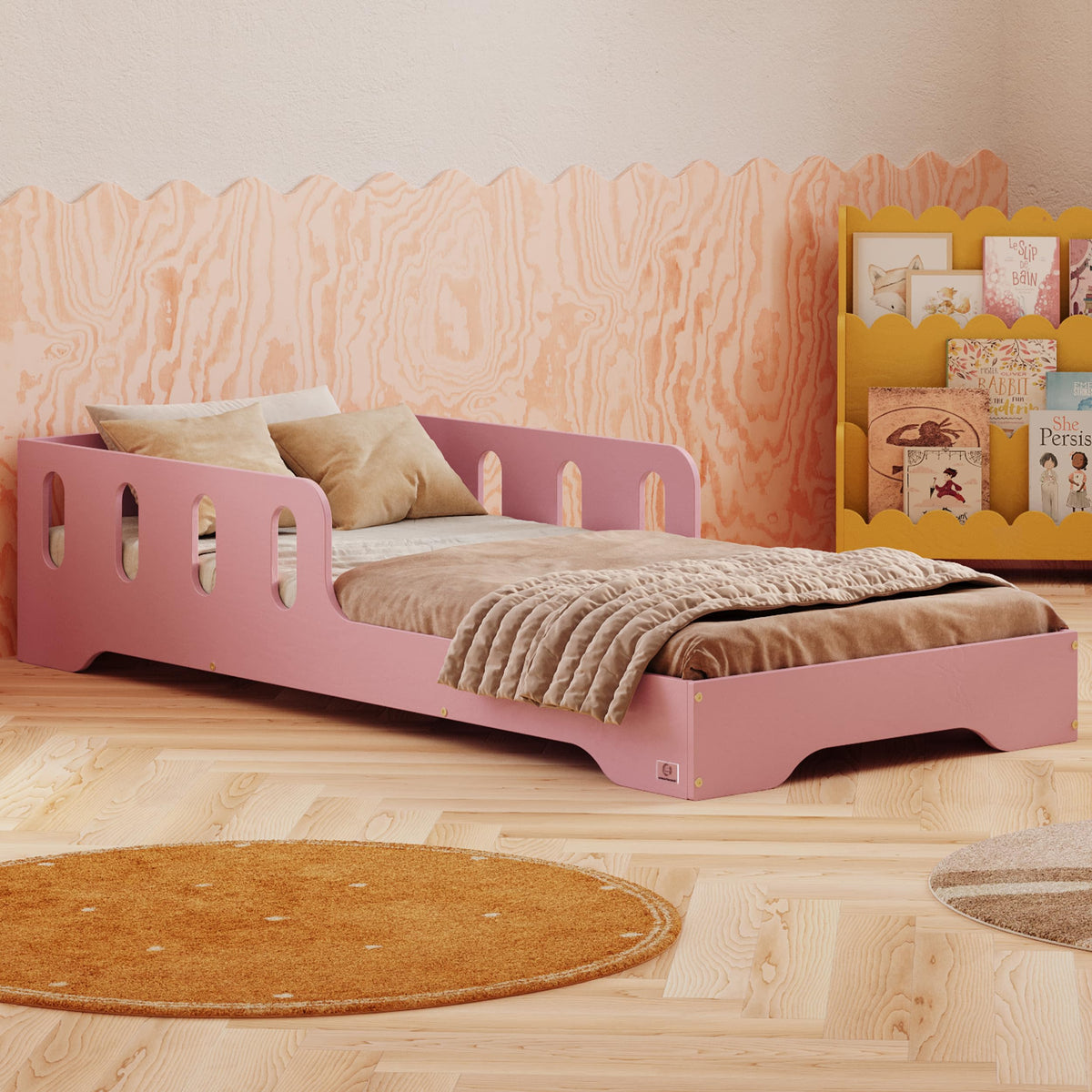 smartwood Montessori Holzbett mit Rausfallschutz & Lattenrost – Bodenbett für Kinder – FSC