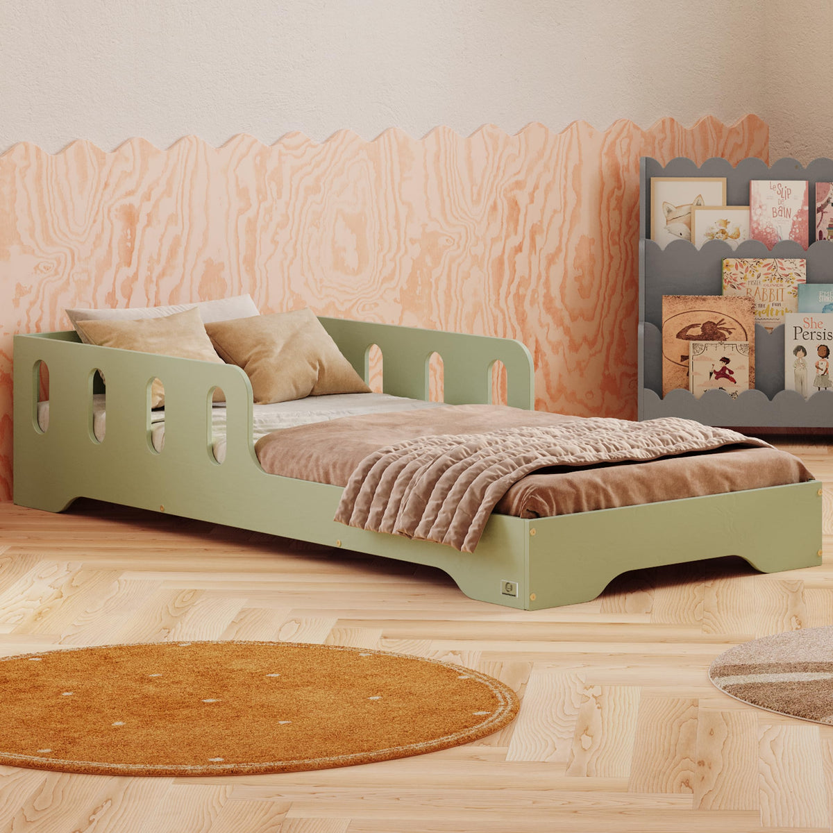 smartwood Montessori Holzbett mit Rausfallschutz & Lattenrost – Bodenbett für Kinder – FSC