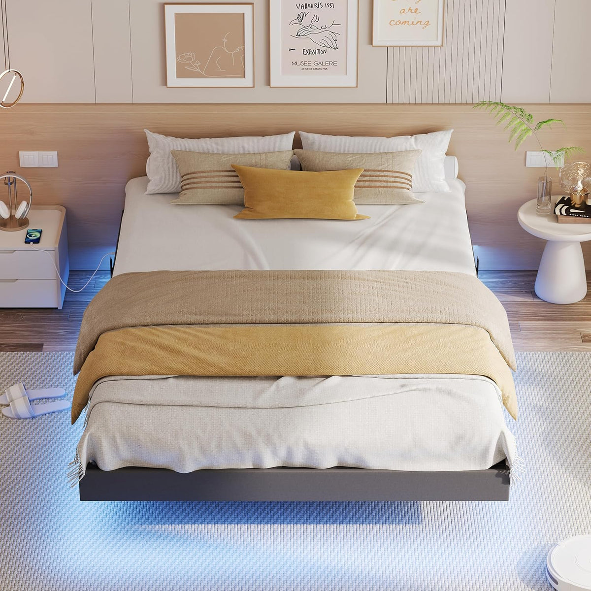 IRONCK Bettrahmen mit LED & Ladestation – Floating Bed, Metallrahmen, gepolstert