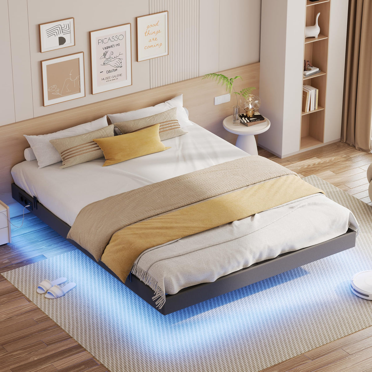 IRONCK Bettrahmen mit LED & Ladestation – Floating Bed, Metallrahmen, gepolstert
