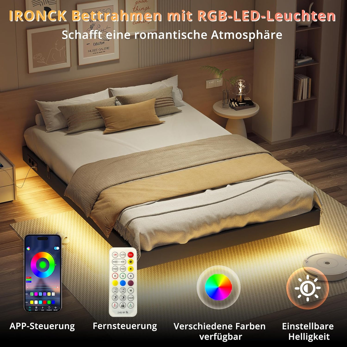 IRONCK Bettrahmen mit LED & Ladestation – Floating Bed, Metallrahmen, gepolstert