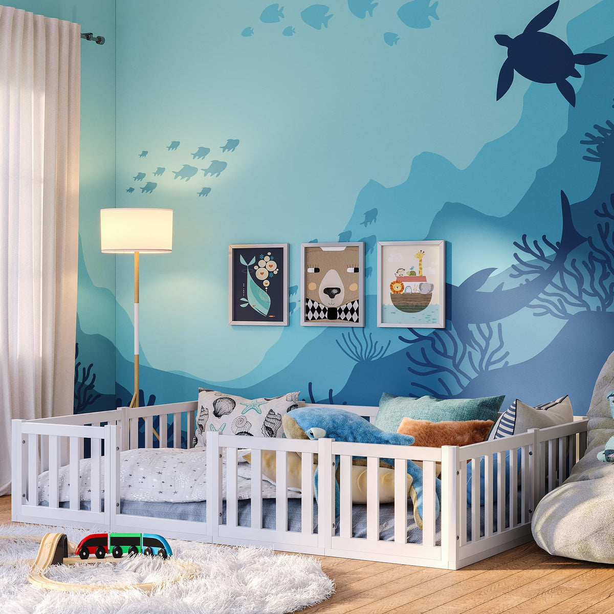 Bellabino Montessori Kinderbodenbett Kiefer Massivholz mit Rausfallschutz & Lattenrost
