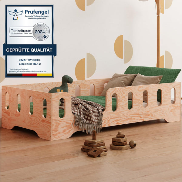 smartwood Bodenbett 70x140 Montessori Kinderbett aus Holz mit FSC-Zertifikat TILA 2L mit Rausfallschutz & Lattenrost bis 230kg belastbar - Einfache Montage
