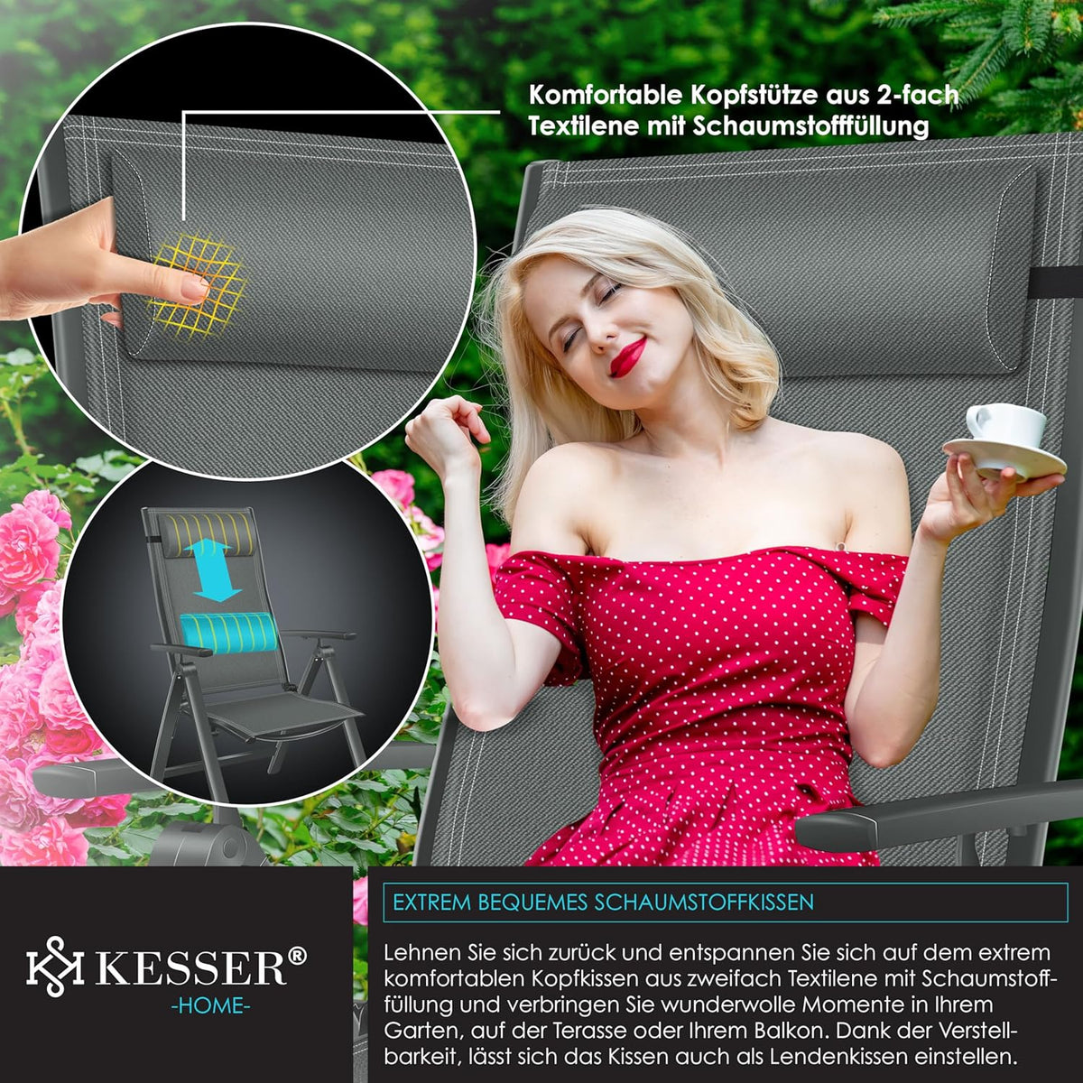 KESSER Gartenstuhl Hochlehner – Klappstuhl Aluminium, Wetterfest, Mit Kopfkissen, Outdoor